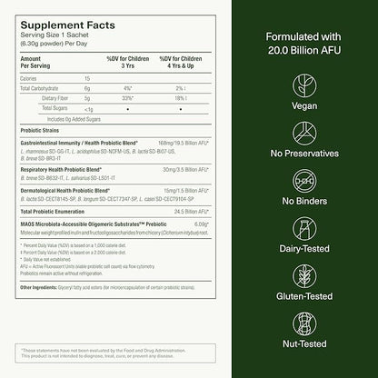 Seed PDS-08 Pediatric Daily Synbiotic - Fiber-Based Prebiotic & Probiotic for Kids - Digestive Health, Regularity, Constipation Relief - Ages 3-17 - Vegan and Shelf-Stable - 30 Sachets (30-Day Supply)