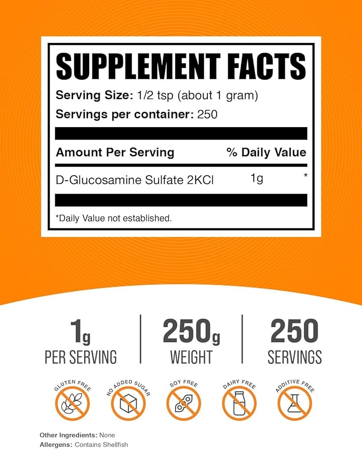 BulkSupplements.com Glucosamine Sulfate Powder - Glucosamine Supplement, Joint Support Supplement - Gluten Free, 1g per Serving, 250g (8.8 oz) (Pack of 1)