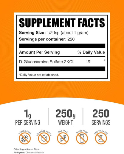 BulkSupplements.com Glucosamine Sulfate Powder - Glucosamine Supplement, Joint Support Supplement - Gluten Free, 1g per Serving, 250g (8.8 oz) (Pack of 1)