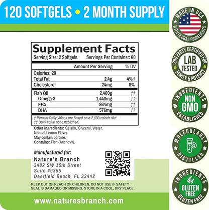 Best Triple Strength Omega 3 Fish Oil Pills 2400mg | 120 Capsules | Burpless High Potency Lemon Flavor | 864mg EPA 576mg DHA Ultra Pure Liquid Softgels | Brain Joints Eyes Hair Heart Health Supplement