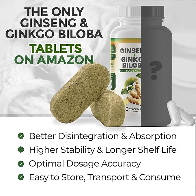Ginko Biloba & Panax Ginseng Supplement - Red Ginseng Brain Supplement for Memory and Focus - Ginkgo Biloba Supplements for Good Vision, Immune System and Improved Blood Flow - 120 Tablets