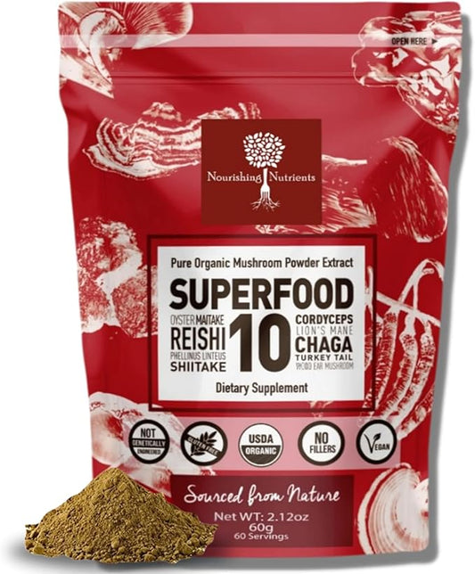Organic Mushroom Powder Extract -Superfood 10 Supplement 14x Stronger 100% Pure USDA Immunity Booster- Reishi, Chaga, Cordyceps, Shiitake, Lions Mane, Turkey Tail and More. Add to Coffee/Tea 60 Grams