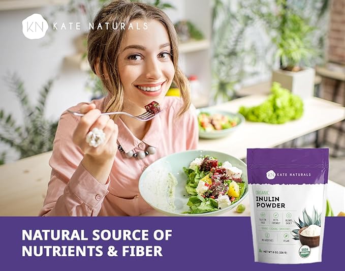 Kate Naturals Inulin Powder Organic from Blue Agave (8oz) Soluble Prebiotic Fiber for Coffee, Yogurt & Smoothies