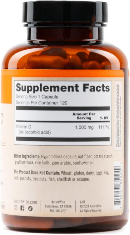 NatureWise Vitamin C 1000mg Capsules - Extra Strength Vegan Vitamin C for Daily Antioxidant & Immune Support - Non-GMO, USA Manufactured - 120 Capsules[120-Day Supply]