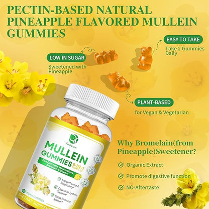 (2 Pack) 9 in 1 Mullein Gummies for Lung Cleanse & Detox, Extra Strength Mullein Leaf Extract w/Quercetin, Bromelain, Elderberry & Marshmallow for Respiratory, Immune & Digestive, Vegan,120 Count