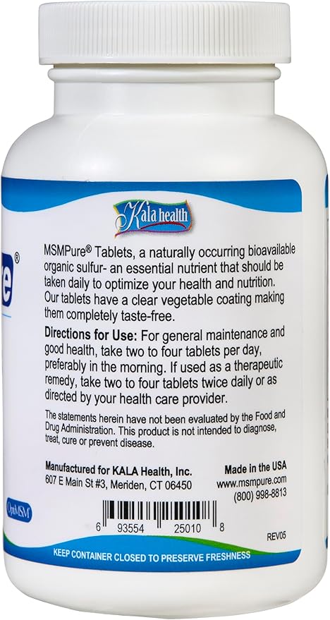KALA HEALTH MSMPure MSM Tablets– 1,000 mg Organic Sulfur per Tablet for Joint Flexibility, Skin Appearance, Hair & Nail Support – 120 Count, USA Made MSM