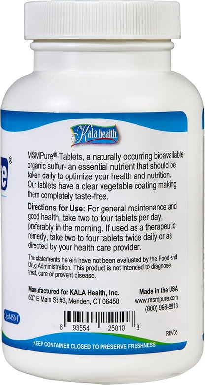 KALA HEALTH MSMPure MSM Tablets– 1,000 mg Organic Sulfur per Tablet for Joint Flexibility, Skin Appearance, Hair & Nail Support – 120 Count, USA Made MSM