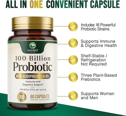 Probiotics for Women's Digestive Health - 100 Billion CFU, 16 Strains with Prebiotics, Supports Immune, Gut Health, PH, Gas & Bloating, Best Probiotic for Women & Men, Shelf Stable - 60 Capsules