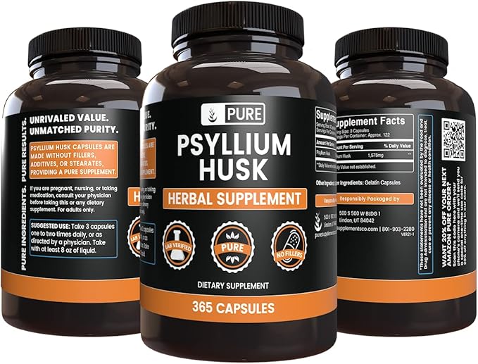 PURE ORIGINAL INGREDIENTS Psyllium Husk (365 Capsules) No Magnesium Or Rice Fillers, Always Pure, Lab Verified