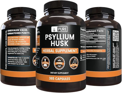 PURE ORIGINAL INGREDIENTS Psyllium Husk (365 Capsules) No Magnesium Or Rice Fillers, Always Pure, Lab Verified