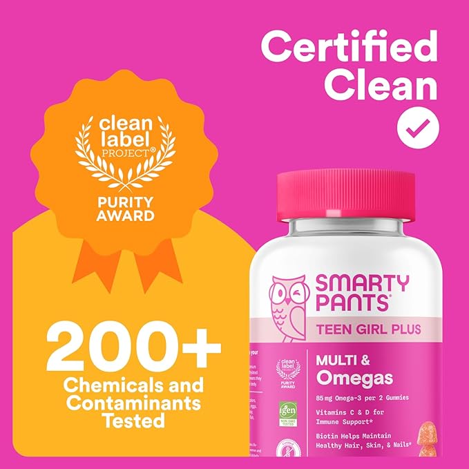 SmartyPants Teen Girl Multivitamin Gummies - Improved Formula: Omega 3 (DHA/EPA), Vitamin C, D3, B12, Vitamin A, K & Zinc, Biotin to Support Hair, Skin & Nails, Gluten Free, 60 Count (30 Day Supply)