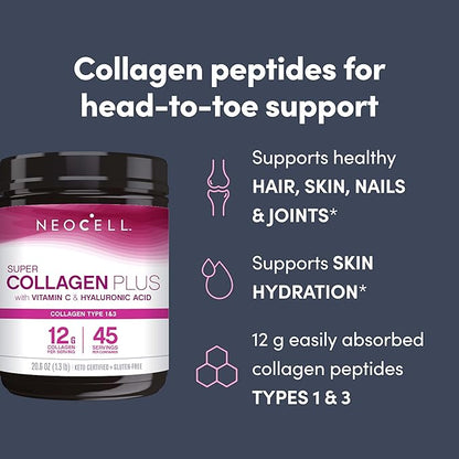 NeoCell Super Collagen Powder, Collagen Plus includes Vitamin C & Hyaluronic Acid, Promotes Healthy Hair, Beautiful Skin, & Nail Support, Collagen Type 1 & 3, 12g Collagen per Serving, 20.6 Oz
