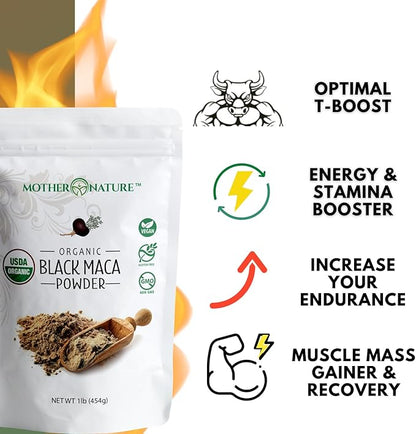 Organic, Raw Peruvian Black Maca Root Powder - Premium USDA Certified, Ideal for Men & Women, Boost Workouts, Enhance Muscle Recovery, Non-GMO, Vegan Superfood, 16 oz