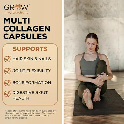grow vitamin Multi Collagen Capsules, 1800MG (Types I, II, III, V & X) - Non-GMO, Grass Fed Collagen - Anti Aging Support for Hair, Skin, Nails - Protein Pills for Joint Support - 90 Capsules