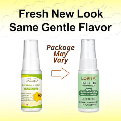 Lovita Propolis Throat Spray, 18% Bioflavonoids, Sore Throat Relief, Alcohol-Free, Gentle and Tasty, 1 Fl Oz