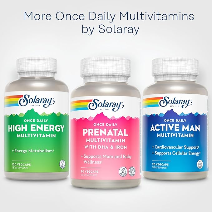 SOLARAY Once Daily Prenatal Multivitamin with DHA & Iron, Prenatal Vitamins and Minerals for Expectant Mothers, Easy Morning Herbal Blend & Whole Food Base, Lab Verified, 90 Servings, 90 VegCaps