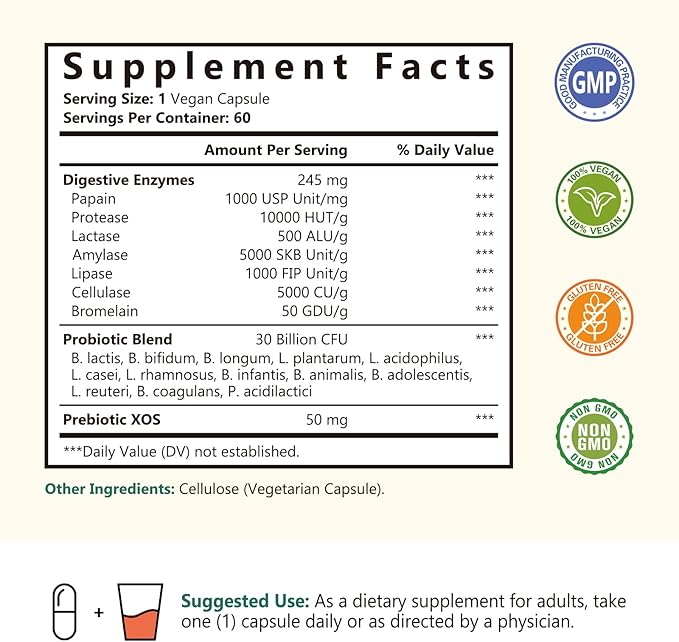 Digestive Enzymes, 7 Plant-Based Enzymes, 245 mg, 30 Billion CFU Probiotics, 13 Strains, Prebiotic XOS, Gentle, Digestive Health, Shelf Stable, 60 Vegan Caps