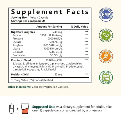 Digestive Enzymes, 7 Plant-Based Enzymes, 245 mg, 30 Billion CFU Probiotics, 13 Strains, Prebiotic XOS, Gentle, Digestive Health, Shelf Stable, 60 Vegan Caps