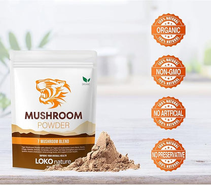 Tiger 7 Mushroom Powder Extract - 3.5oz (100g) Blend | Natural Ingredients - Lions Mane, Turkey Tail, Maitake, Shiitake, Reishi, Chaga & Cordyceps | Gluten-Free, Vegan, Dairy-Free