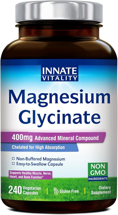 Innate Vitality Magnesium Glycinate 400mg, Non Buffered & High Absorption Magnesium Supplement for Sleep, Relaxation, Muscle & Bone Health for Men & Women, Non-GMO, No Gluten, 240 Vegan Capsules