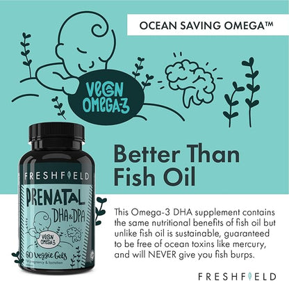 Freshfield Vegan Omega 3 DHA: Sustainable, Carrageenan Free, Third Party Tested, Compostable Bottle, Carbon Neutral. Supports Heart, Brain, Joint Health w/DPA (Prenatal 60 Count (Pack of 1))
