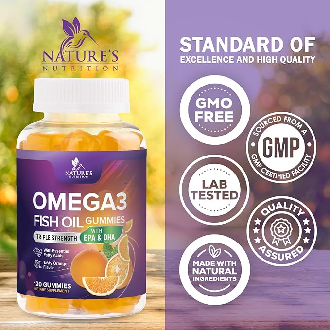 Omega-3 Gummies, Fish Oil Gummies for Adults & Kids, Omega-3 Gummy Vitamins, EPA & DHA Fish Oil Fatty Acids Gummy Supplement, Nature's Supplements for Joint, Heart Health, & Brain Support - 120 Count