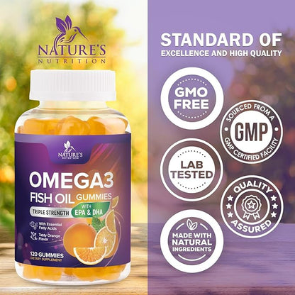 Omega-3 Gummies, Fish Oil Gummies for Adults & Kids, Omega-3 Gummy Vitamins, EPA & DHA Fish Oil Fatty Acids Gummy Supplement, Nature's Supplements for Joint, Heart Health, & Brain Support - 120 Count