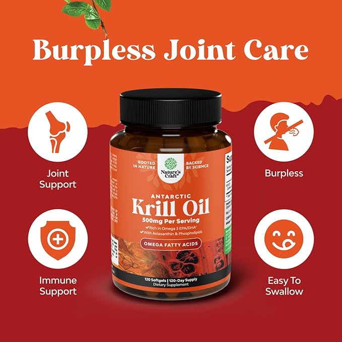 Antarctic Krill Oil 500mg Softgels - High Absorption Omega 3 Fatty Acid Supplement with Potent EPA DHA Astaxanthin and Phospholipids - Wild Caught Burpless Fish Oil Omega 3 Supplement