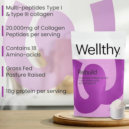 Wellthy Collagen Peptides Protein Powder - Grass Fed Hydrolyzed Collagen for Hair Growth, Skin, Nails, Gut and Joint Support - 20,000mg Collagen & 18g Protein | Unflavored (15 Servings)