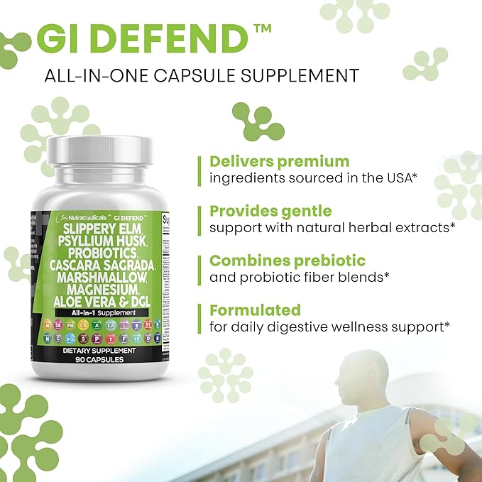 Clean Nutraceuticals Slippery Elm Psyllium Husk Pre Probiotic Digestive Gut Health Supplement with Aloe Vera Cascara Sagrada Marshmallow Root DGL Licorice Senna Extract