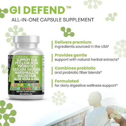 Clean Nutraceuticals Slippery Elm Psyllium Husk Pre Probiotic Digestive Gut Health Supplement with Aloe Vera Cascara Sagrada Marshmallow Root DGL Licorice Senna Extract