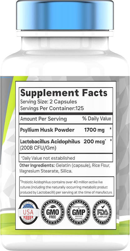 Psyllium Husk Capsules | 1700 MG - 250 Capsules | with Probiotic Acidophilus | Extra Strength Soluble & Dietary Fiber Supplement | Supports Digestive Health