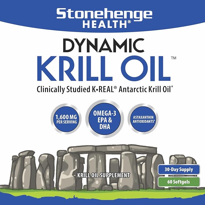 Stonehenge Health Dynamic Krill Oil 1600mg – Triple Strength Antarctic Omega-3 Supplement with EPA, DHA, Phospholipids & 2mg Astaxanthin – Supports Heart, Brain, Skin, Joint & Eye Health – 60 Softgels