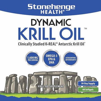 Stonehenge Health Dynamic Krill Oil 1600mg – Triple Strength Antarctic Omega-3 Supplement with EPA, DHA, Phospholipids & 2mg Astaxanthin – Supports Heart, Brain, Skin, Joint & Eye Health – 60 Softgels