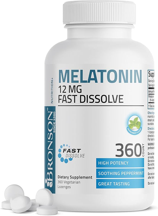 Bronson Melatonin 12mg Fast Dissolve Nighttime Sleep Aid Support & Relaxation Support, 360 Peppermint Vegetarian Lozenges
