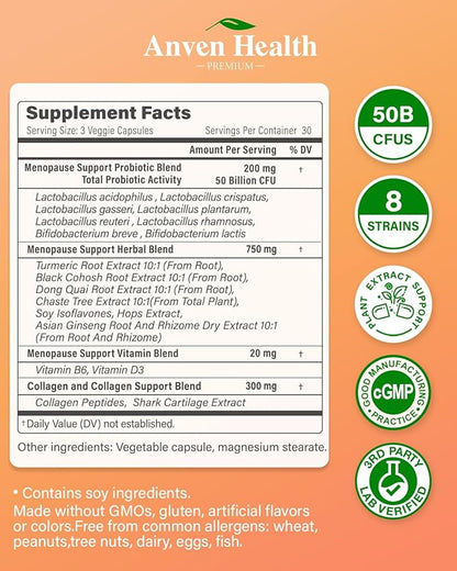 Menopause Supplements for Women Menopause Probiotics Relief, Supports Hot Flashes, Night Sweats, Bloating & Gut Health with Herbs, Collagen Peptides, Vitamin B6 & D3 | 90 Veggie Caps