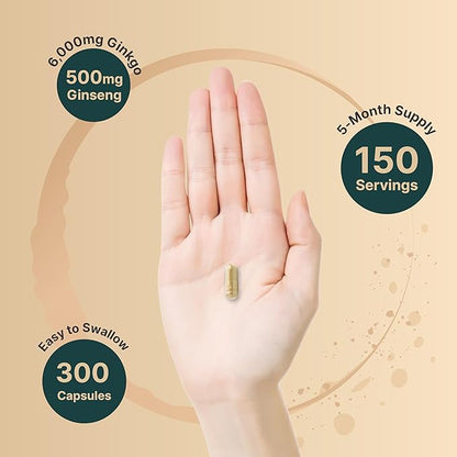 NatureBell Ginkgo Biloba 6,000mg with Panax Ginseng 500mg Per Serving | 300 Capsules – Max Strength Ginko Biloba Extract Supplements - Promotes Memory, Focus, and Brain Health