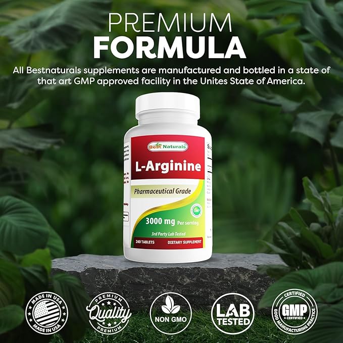 Best Naturals L-Arginine 3000mg Per Serving - 240 Tablets - Pharmaceutical Grade - Non-GMO & Gluten Free - Made in The USA