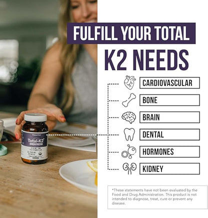 Total K2® | Vitamin K2 as MK7 & MK4 | Plus K1 & Vitamin D3 Cofactor - 620 mcg K2 per Serving - All-Trans MK7 from MenaQ7® - Full-Spectrum Vitamin K - Vegan, Organic Certified (60 Capsules)