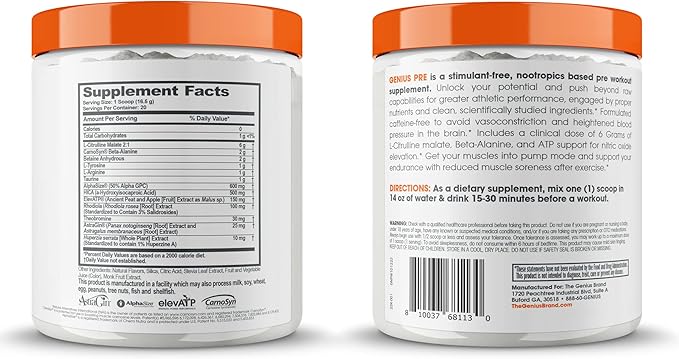 Genius Pre Caffeine-Free Pre Workout Boosted Energy, Focus, Performance Nootropic Formula AlphaSize, Citrulline Malate, CarnoSyn Beta Alanine Endurance, Stamina, Recovery, 20 Servings - Sour Cherry