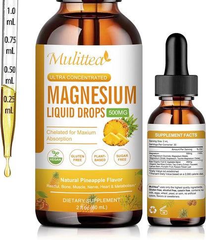 Magnesium Liquid Drops - High Absorption 5-in-1 Magnesium Complex Supplement with Magnesium Glycinate, Malate, Citrate, Taurate - for Bone, Muscles, Nerves & Energy - Vegan, Sugar Free, 2 Fl.oz