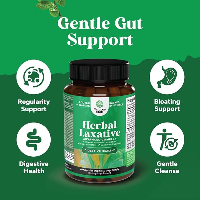 Herbal Laxative Capsules with Probiotics – Natural Laxatives for Constipation with Senna Leaf, Psyllium, Aloe Vera – Colon Cleanse for Women & Men - Detox for Gut Health & Weight Management – 60 Ct