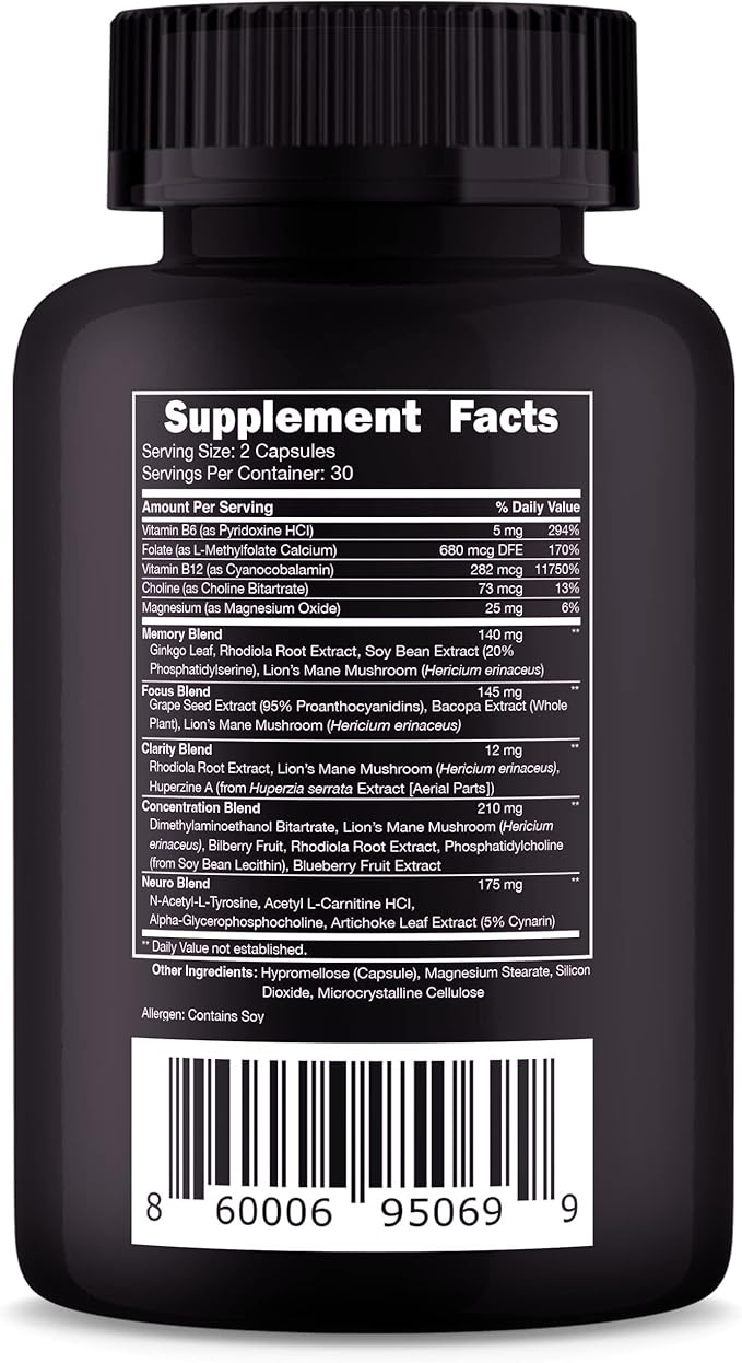 Vital Vitamins Brain Supplements for Memory and Focus – Nootropic Brain Booster with Bacopa Monnieri, Ginkgo Biloba, Rhodiola – Caffeine-Free Support for Adults & Seniors – 30-Day Supply, 30 Capsules
