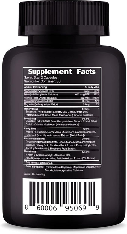 Vital Vitamins Brain Supplements for Memory and Focus – Nootropic Brain Booster with Bacopa Monnieri, Ginkgo Biloba, Rhodiola – Caffeine-Free Support for Adults & Seniors – 30-Day Supply, 30 Capsules