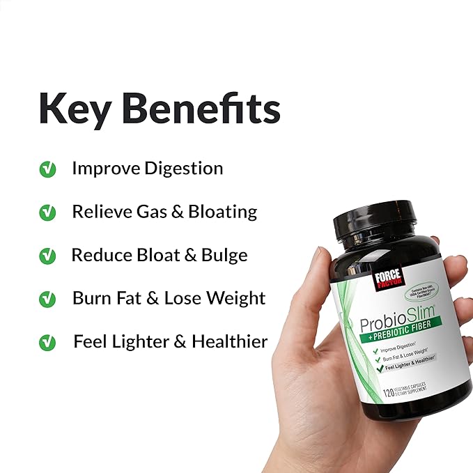 Force Factor ProbioSlim + Prebiotic Fiber Weight Loss Supplement for Women and Men, Probiotic and Prebiotic Digestive Health Support with Green Tea Extract and Psyllium Husk Fiber, 120 Capsules