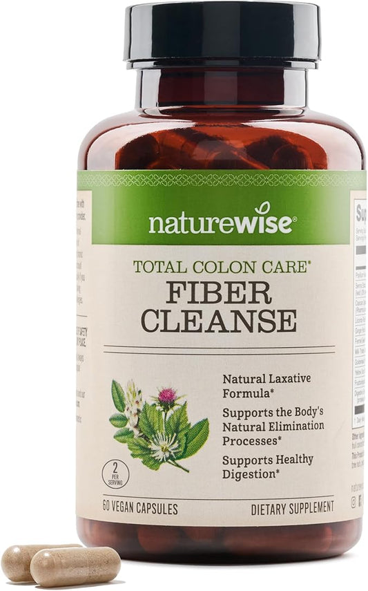 NatureWise Total Colon Care Fiber Cleanse - Natural Laxative Blend - Herbal Laxatives, Prebiotics, & Enzymes for Regularity, Digestion, Weight & Gut Health - Non-GMO - 60 Capsules[30-Day Supply]