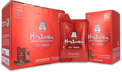 JungKwanJang HongSamWon Korean Red Ginseng Herbal Drink | Energy Drink, Pre Workout, Ginseng Supplement, Herbal Tea | Korean Red Ginseng Extract, Jujube, Ginger, Cinnamon | Vegan Friendly | 20 Count