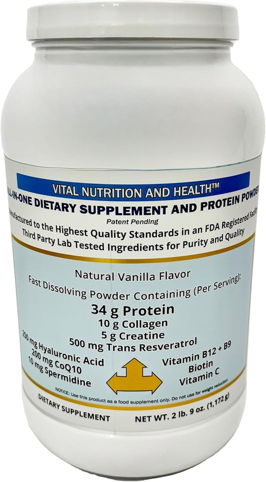 All-in-One Powder: Protein, Collagen, Creatine, Resveratrol, Hyaluronic Acid, CoQ10, Spermidine + Key Vitamins