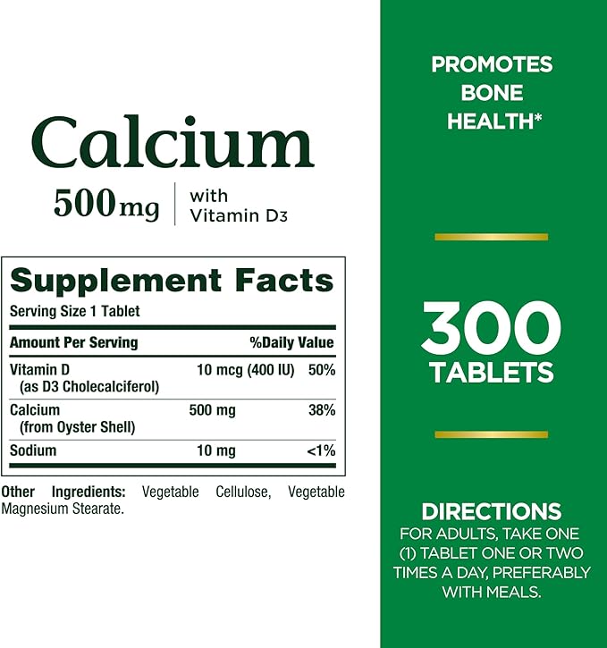 Nature's Bounty Calcium Plus 500 mg Vitamin D3, Immune Support & Bone Health, 300 Tablets