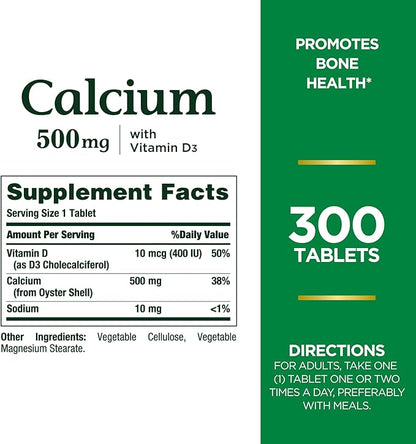 Nature's Bounty Calcium Plus 500 mg Vitamin D3, Immune Support & Bone Health, 300 Tablets